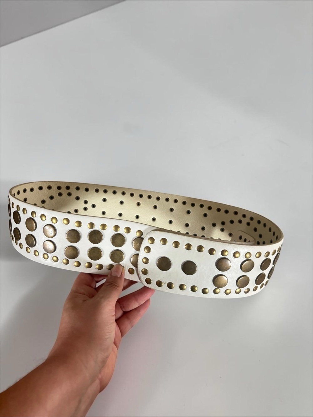 Y2K White Leather Wide Studded Belt Brass Tone Boho Western O/S L6178